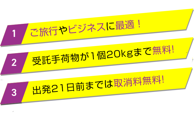 1.圧倒的に安い! ご旅行やビジネスに最適! 2.受託手荷物が1個20kgまで無料! 3.出発21日前までは取消料無料!